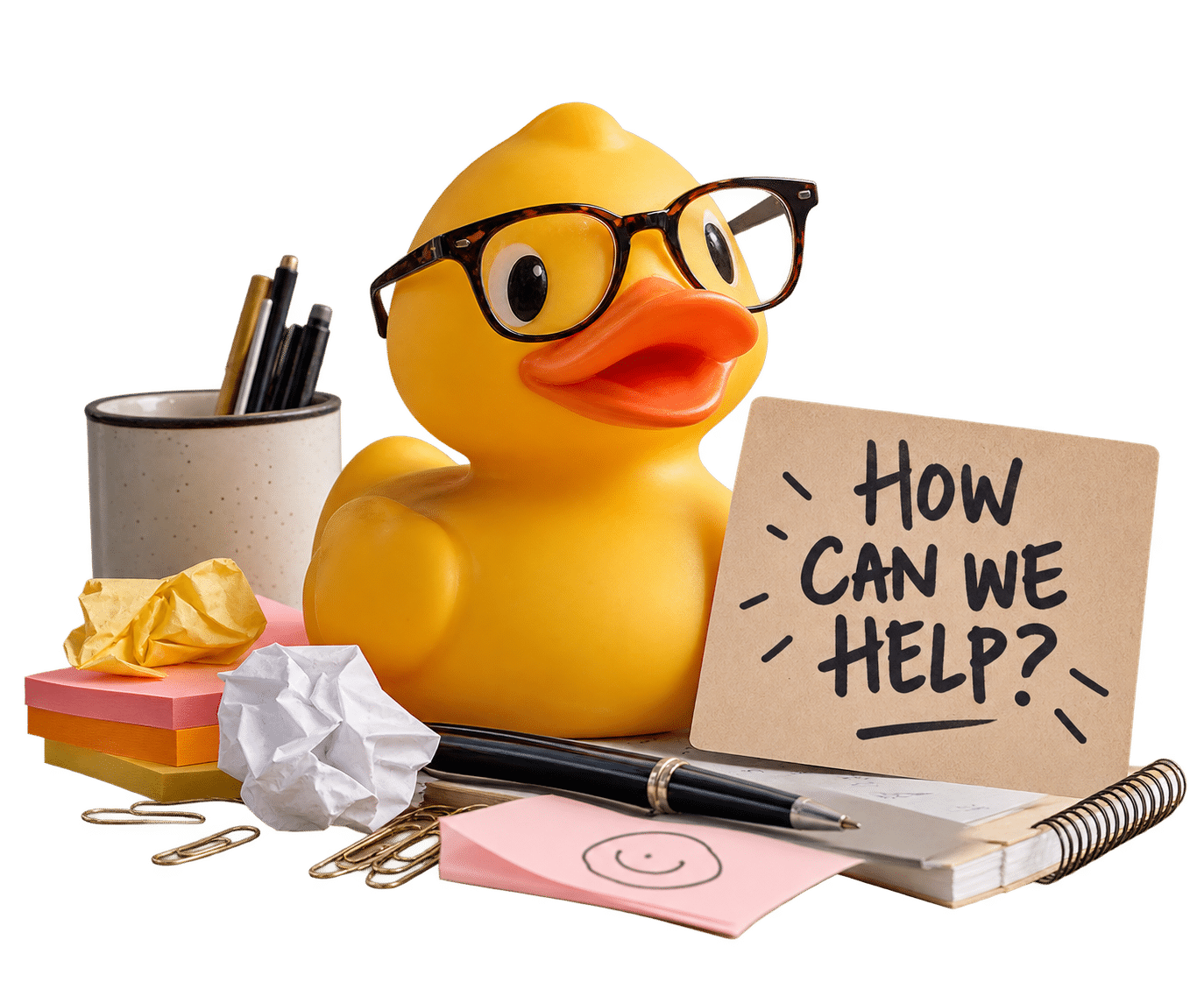 Realistic yellow rubber duck with glasses and office stationery asking how We Are Neidín can help with business support