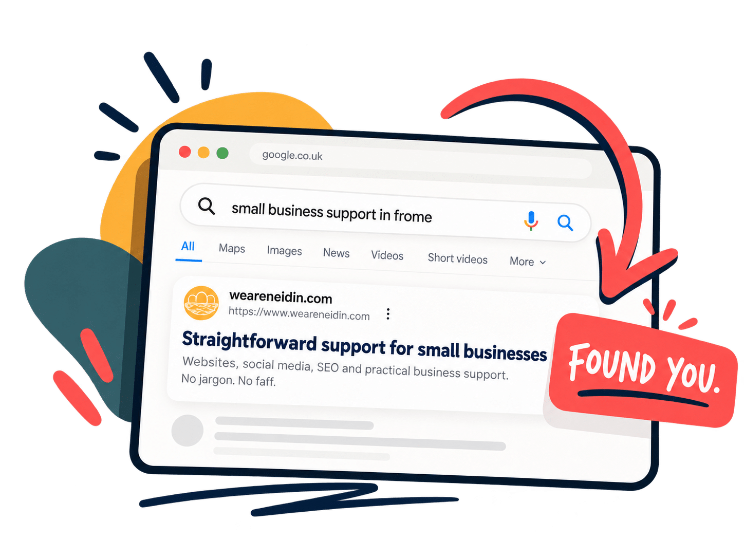 Playful SEO search results graphic showing We Are Neidín being found for small business support in Frome.